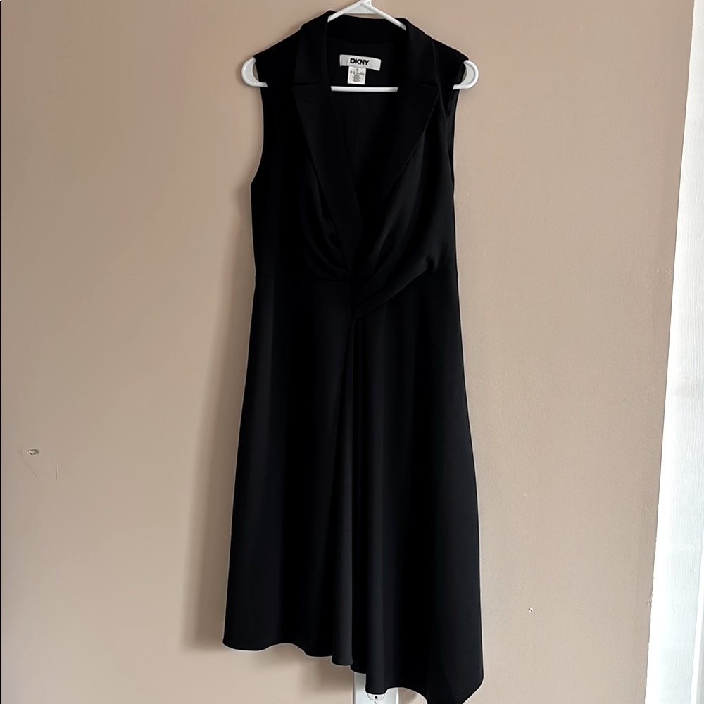 DKNY Black Asymmetrical Plunge A-Line Dress